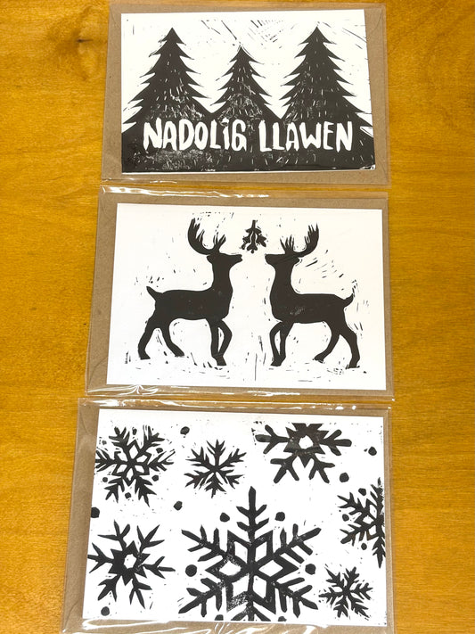 Black Linoprint Christmas Cards (Pack of 3)