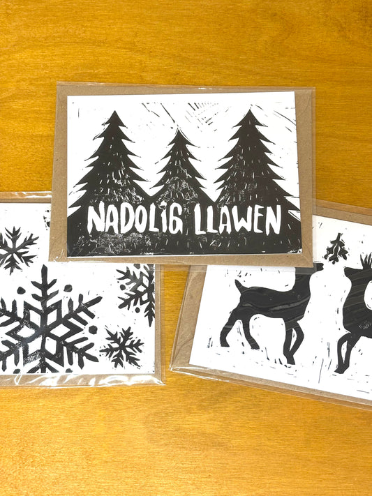Black Linoprint Christmas Cards (Pack of 3)